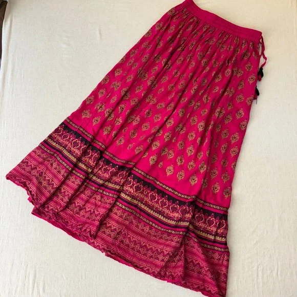 Easybuy Fuchsia Pink Gold Block Print Tassel Maxi Skirt Womens XL Boho Rayon - Picture 6 of 8